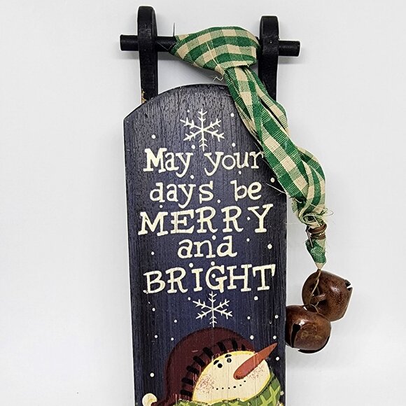 Snowman Sled + Bells Wood Country Cottage Farmhouse Christmas Holiday Ornament - Picture 3 of 7